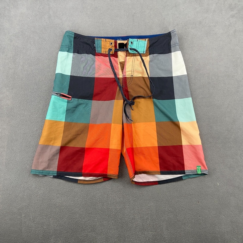 Y2K Rusty Goombah Stretch Board Shorts Sz 32 Check Swimwear Skate Surf